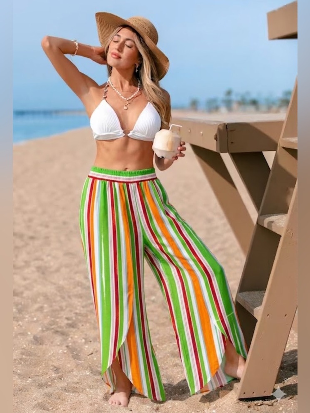 Coco Bianco Multicolor Vertical Stripe Wide-Leg Palazzo Pants Elastic Waist
